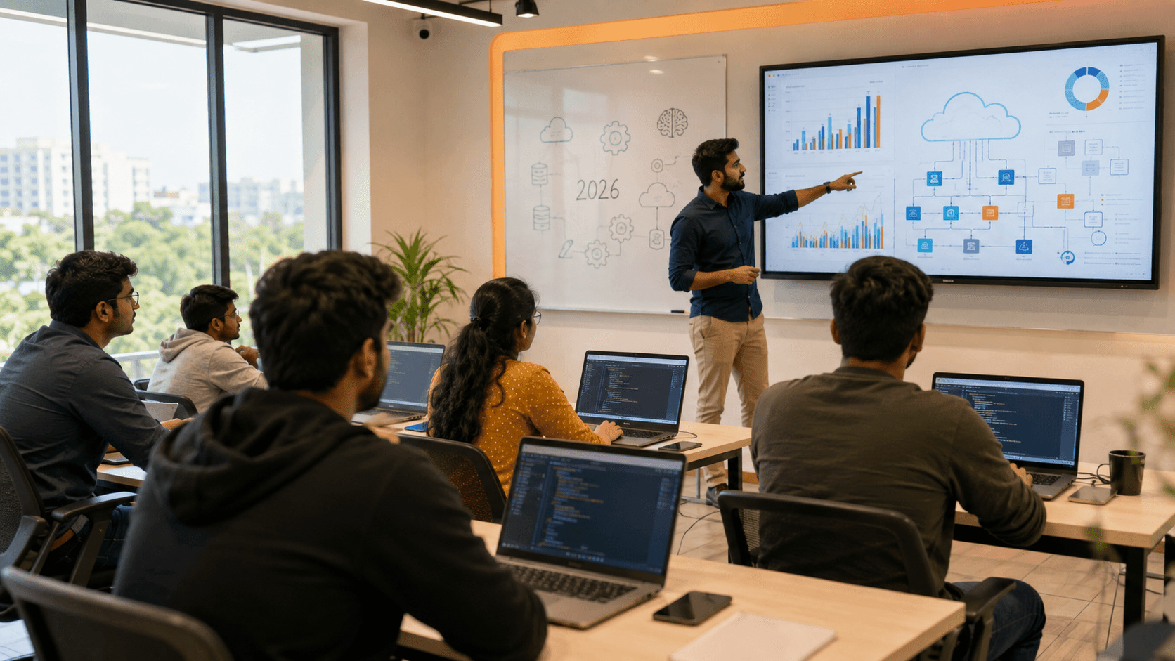 Students in a hands-on IT training class at a top institute in Pune, learning coding and cloud skills in 2026