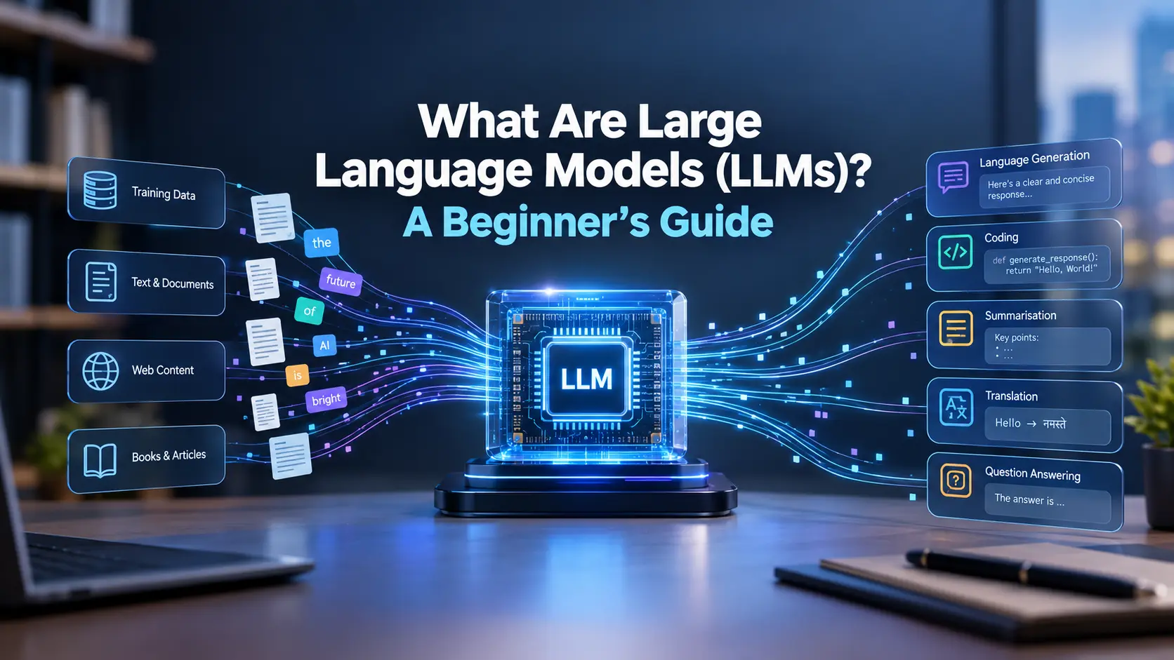 Large language models processing text, tokens, and AI-generated responses in a modern educational technology setting