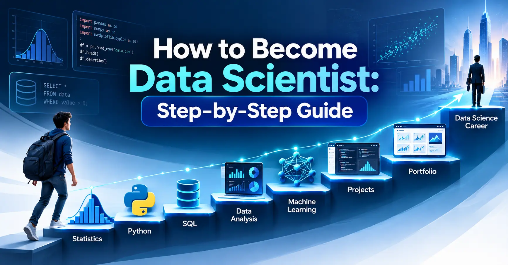 How to become data scientist step-by-step guide covering Python, SQL, statistics, machine learning, projects and portfolio skills Is this conversation helpful so far?