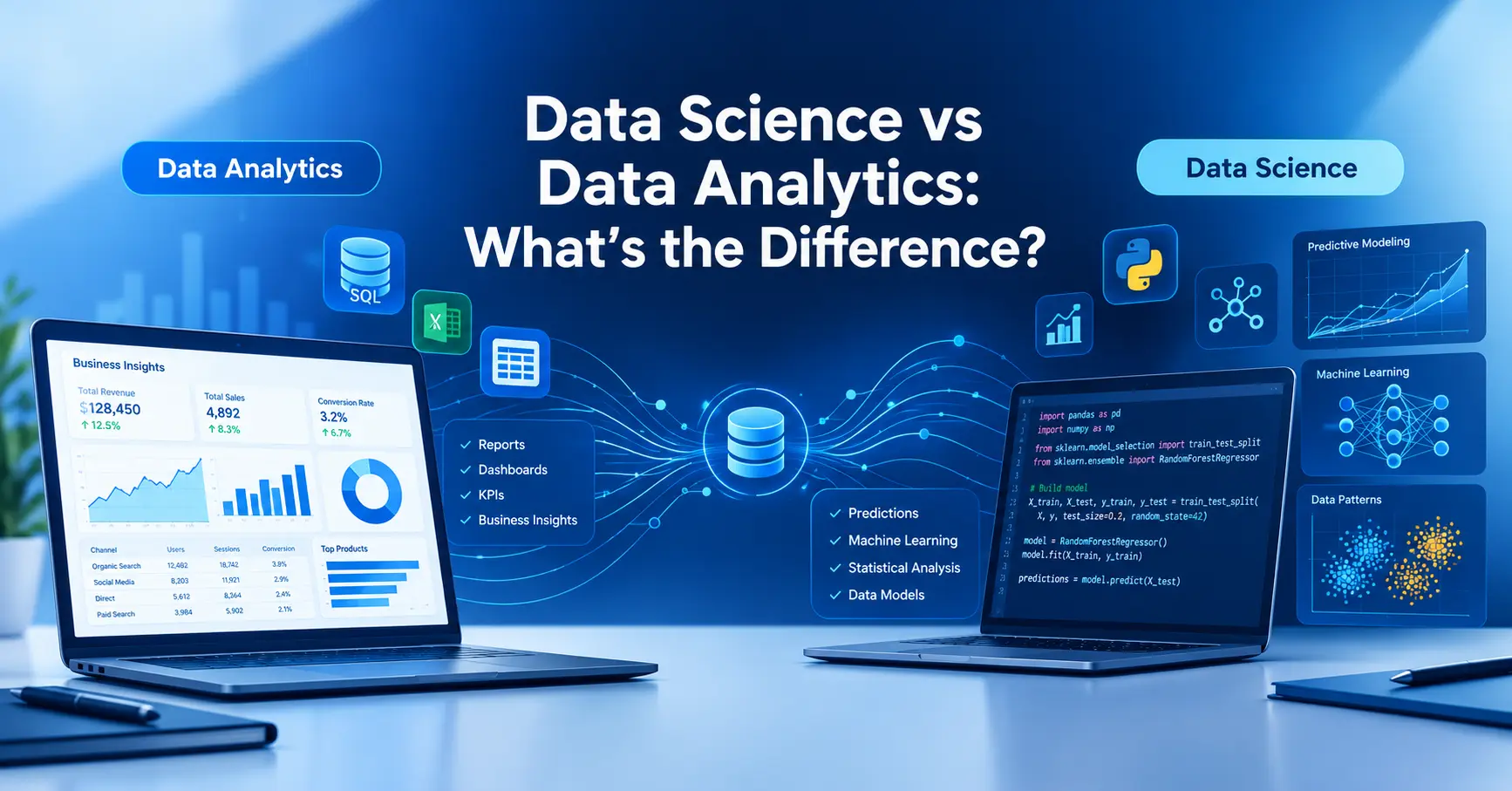 Data Science vs Data Analytics comparison showing dashboards, SQL, statistics, Python, machine learning and predictive analytics